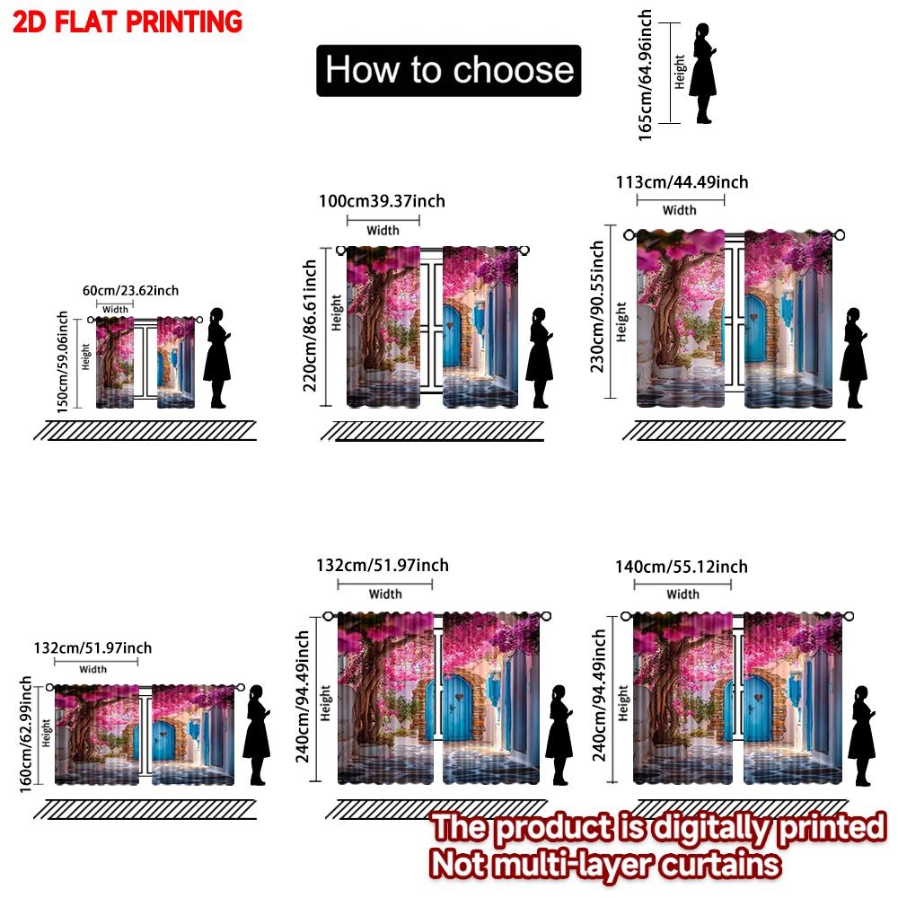 Set Of 2 Pink Blossom Alley Curtains Digital Printing Blue Doors Stone Path Flowering Tree Scene Bedroom Living Room Decor Made Polyester Great Window