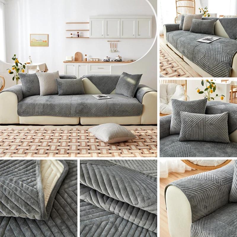 Solid Plush Sofa Covers Stripe Sofa Cushion Armchair Towel Furniture Seat Cover Thick Sofa Slipcover for Living Room Daybed