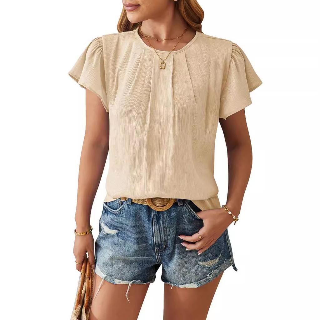 Spring Summer Women's European American Fashion Crew Neck Loose Blouse Shiny Fabric Petal Sleeve Casual Top
