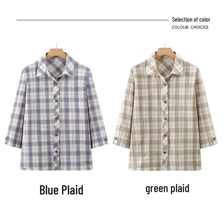 Women's Plaid Long Sleeve Pure Cotton Shirt for Spring/Autumn - Loose Fit for Middle-Aged and Elderly