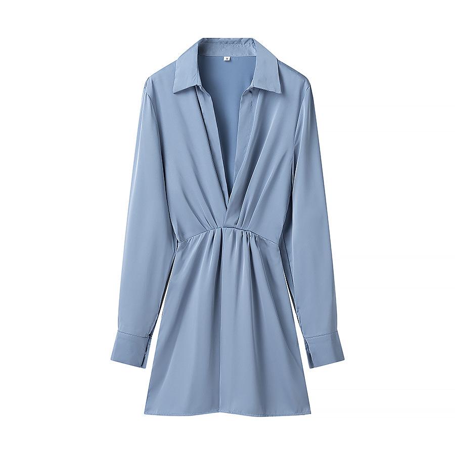 

Весна 2025 Женское Сексуальное Облегающее Платье с V-образным Вырезом и Плиссированными Длинными Рукавами Large синий