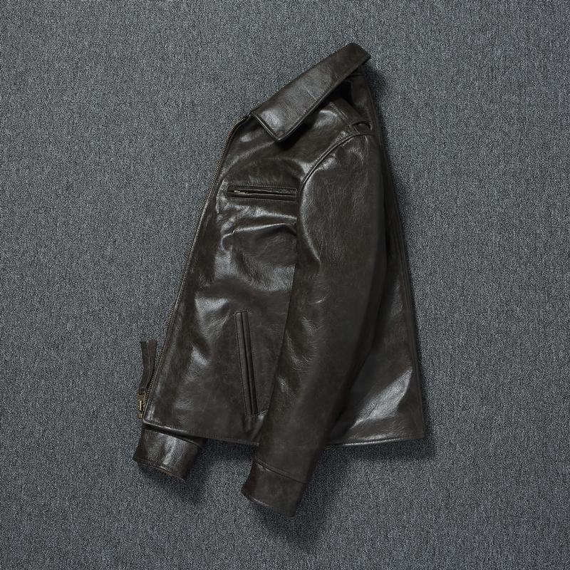 Couro genuíno camada superior jaqueta de couro masculino fino ajuste cera de óleo casaco de couro de vaca primavera outono jaqueta de couro masculino