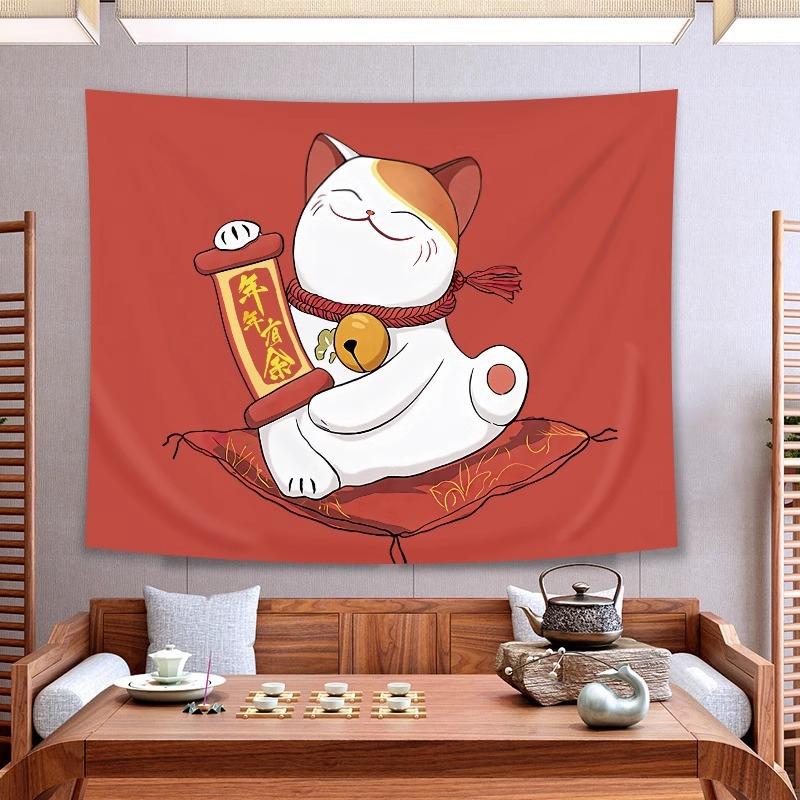 Maneki Neko Tapestry Wall Hanging White Lucky Cat Money Bag Gold Coins Cute Kawaii Aesthetic Wall Art Room Decor