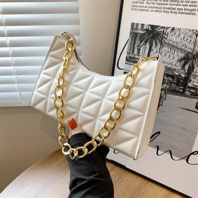 Women Fashion Quilted Underarm Bag Simple Chain Handbag Solid Color Zipper Shoulder Bag MIT
