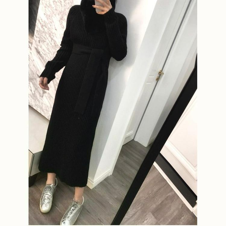 Herbst- und Winter-Lazy-Style Langarm-Strickkleid, Langer Rollkragenpullover, Dicker Pulloverrock, Damen-Unterhemd