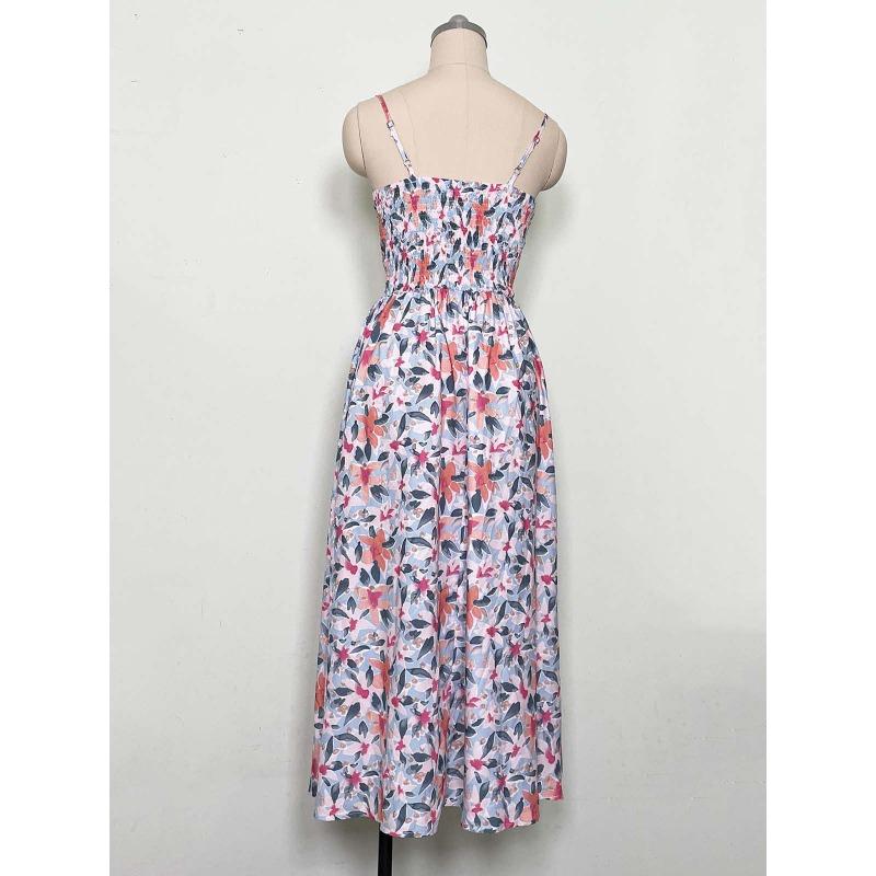 Summer Floral Printing Suspender V-neck Dress Women Elegant Loose Slim Waist Holiday A-line Party Dresses Sleeveless Fashion Casual Women's Clothing