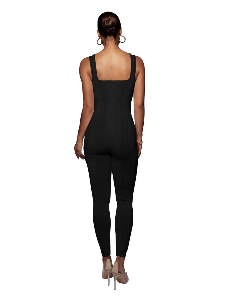 Women's Solid Color Ribbed Sleeveless Bodysuit: Square Neck, Backless, Hip-Lifting Slim-Fit Jumpsuit