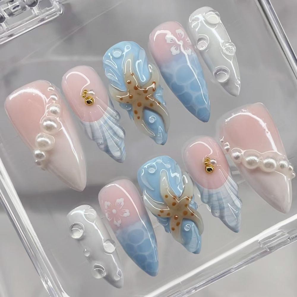 24pcs Manicure Long Almond False Nails French Misty Blue Retro Press On Nails Detachable Flowers Starfish Nail Tips DIY