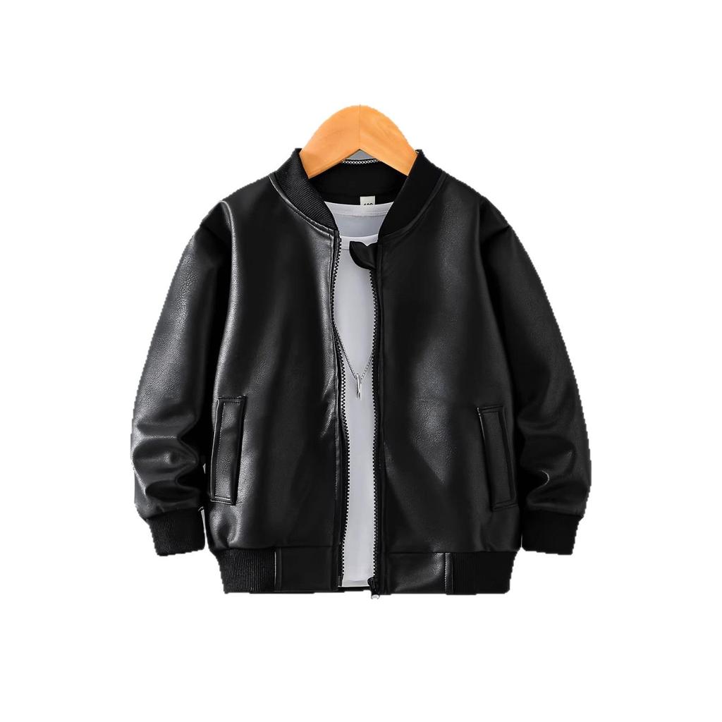 Veste Polyvalente Noire en Cuir PU à Manches Longues pour Garçon, Style Tendance avec Fermeture Éclair, pour un Usage Quotidien.