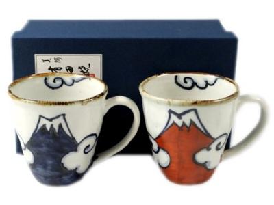 Arita Hasami Ware Shoho Brennofen Blauer Fuji und Roter Fuji Tassenpaar 18643