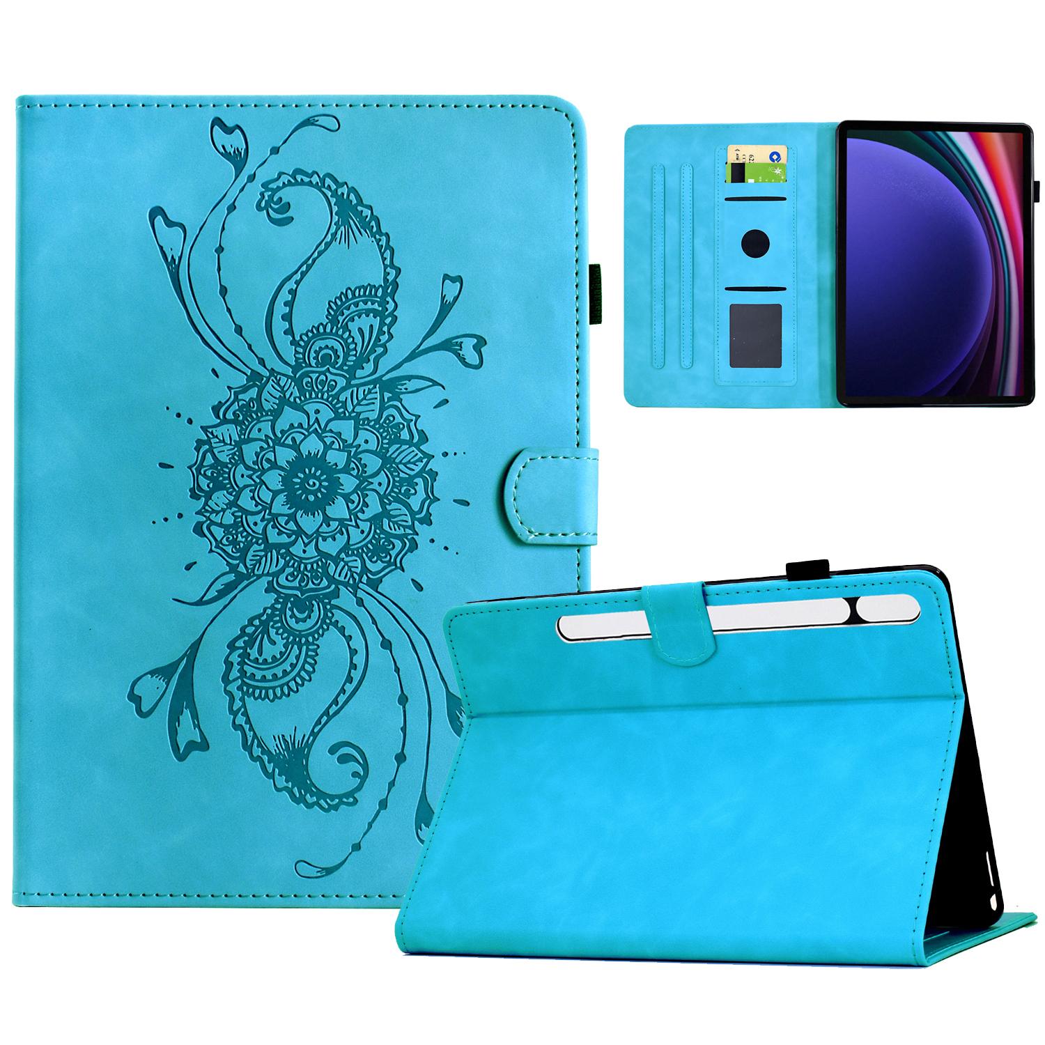 

For Samsung Galaxy Tab S9/Tab S9 FE Case Mandala Imprinted Leather Tablet Cover with Card Slots Sky Blue