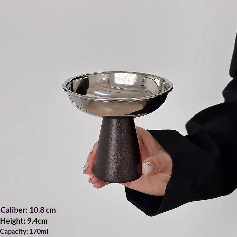 Stainless Steel Pedestal Dessert Bowl With Shiny Mirror Surface And Stable Wooden Base Perfect For Serving Ice Cream Pudding