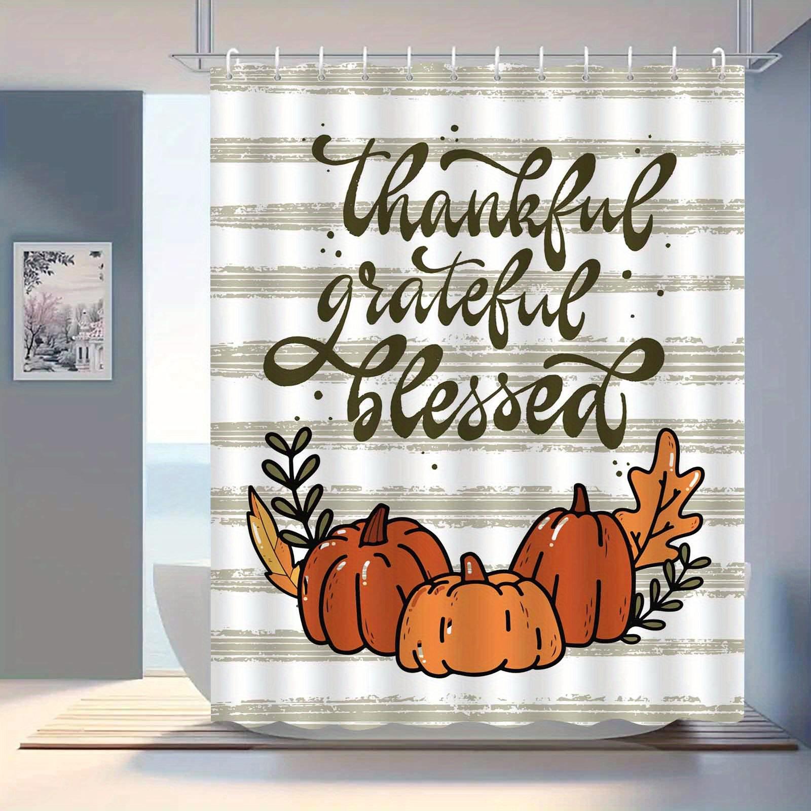 

Elegant Autumn Pumpkin Shower Curtain, Anti-Fog Polyester, Thankful Grateful Blessed Lettering, Striped Design, Hooks Included W90xH180cm