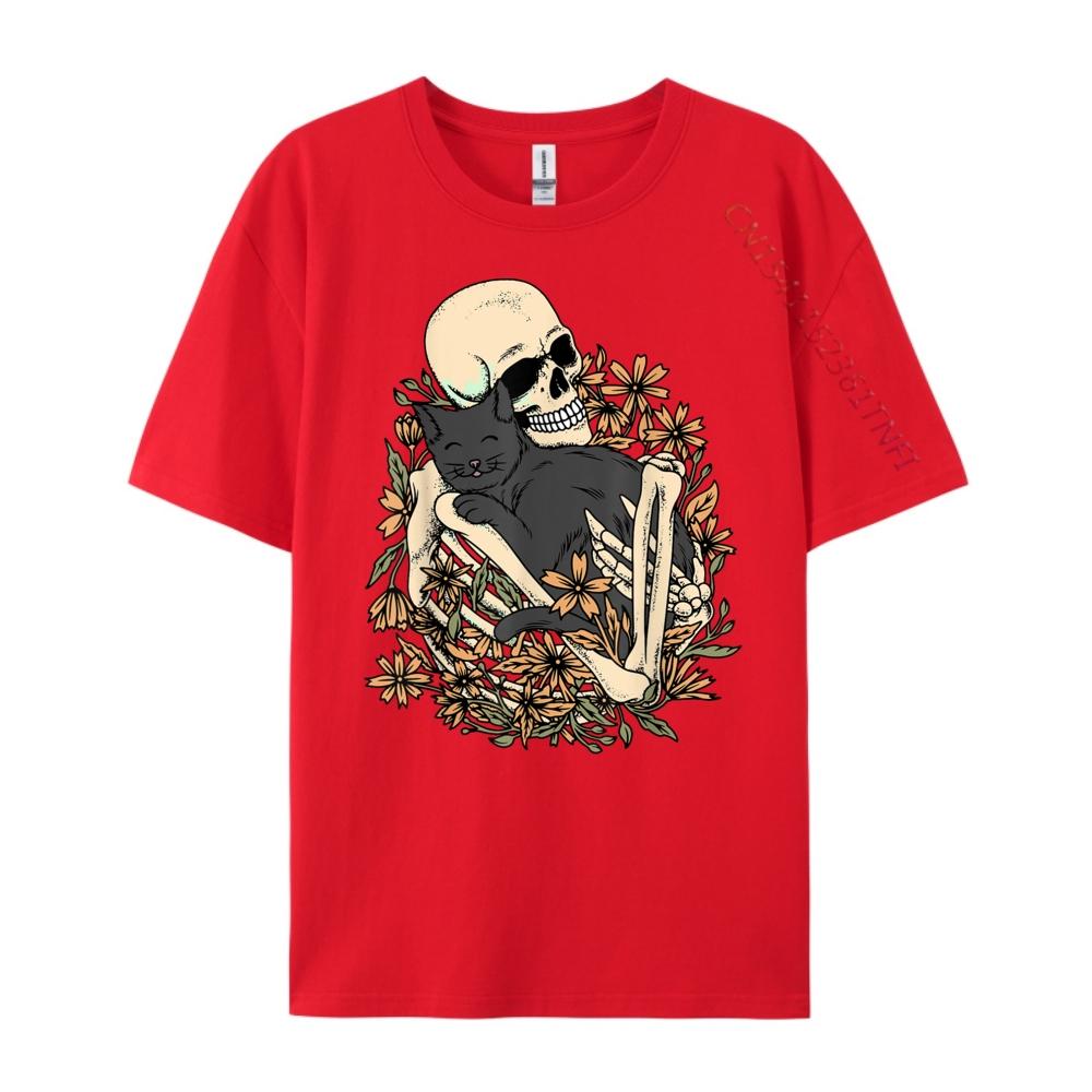 Милый Хэллоуинский Скелет с Кошкой Мужской Костюм Серая Рубашка Графическая Футболка Уличная Одежда Мужской Подарок Осенняя Мужская Одежда Акции Подарок S