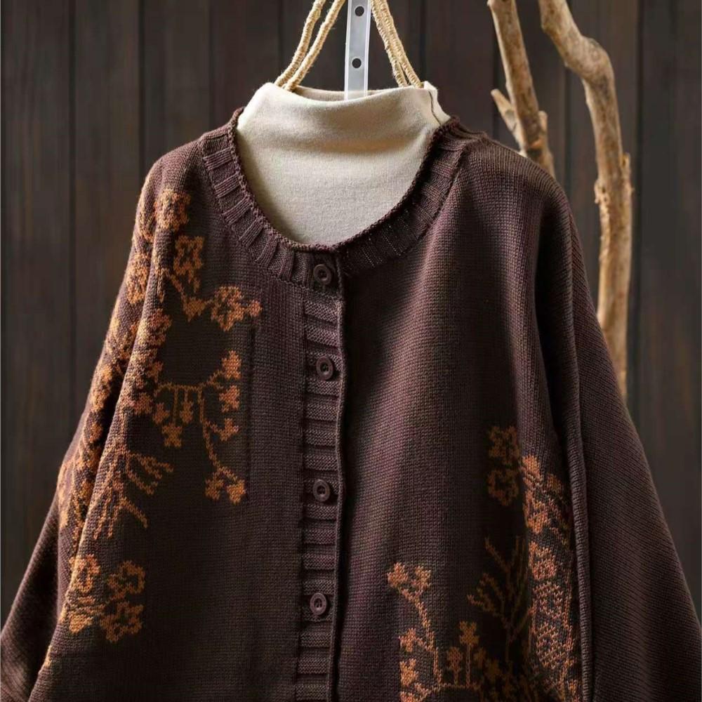 Johnature Vintage-Strickpullover für Damen mit Blumenmuster, Knöpfen, Rundhalsausschnitt und langen Ärmeln, Herbst-Freizeitpullover für Damen