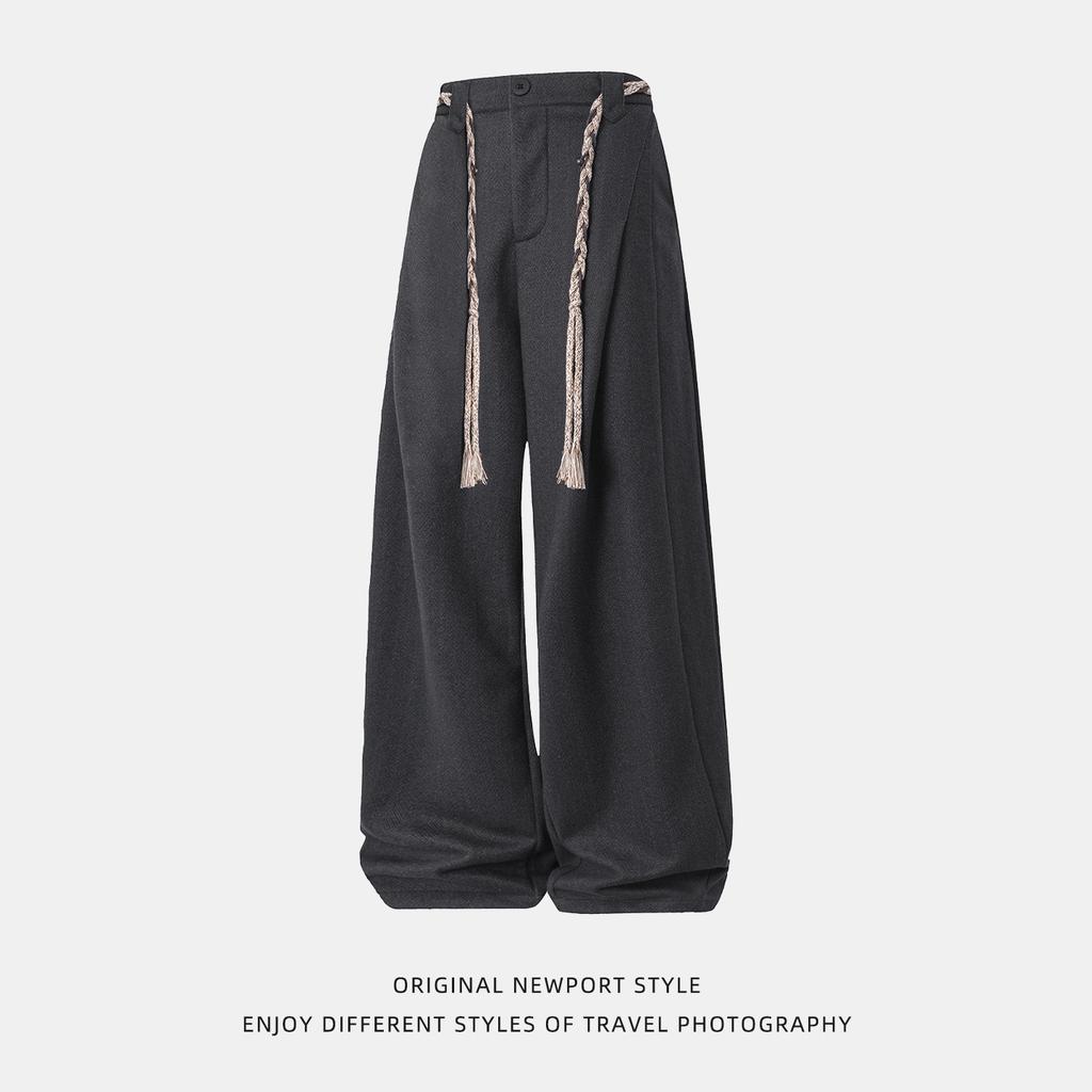 | Heavy Texture Imitation Woolen Casual Pants Men's Autumn Loose Texture Ethnic Style Belt Straight Trousers