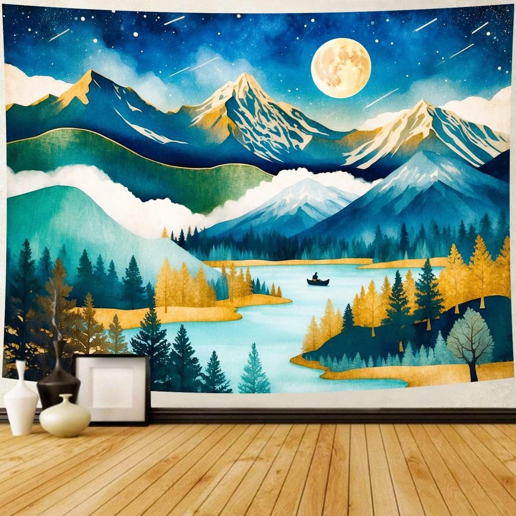 Delur Mountain Tapestry Boho Moon Stars Starry Night Tapestry Wall Hanging Forest Tree Nature Landscape Psychedelic Headboard Fo