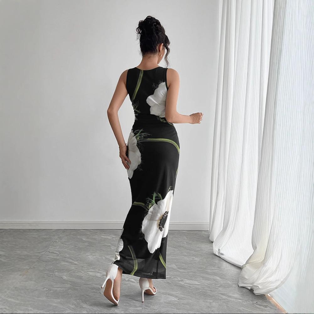Spring Summer Women's Black Mesh Printed Sleeveless Long Dresses