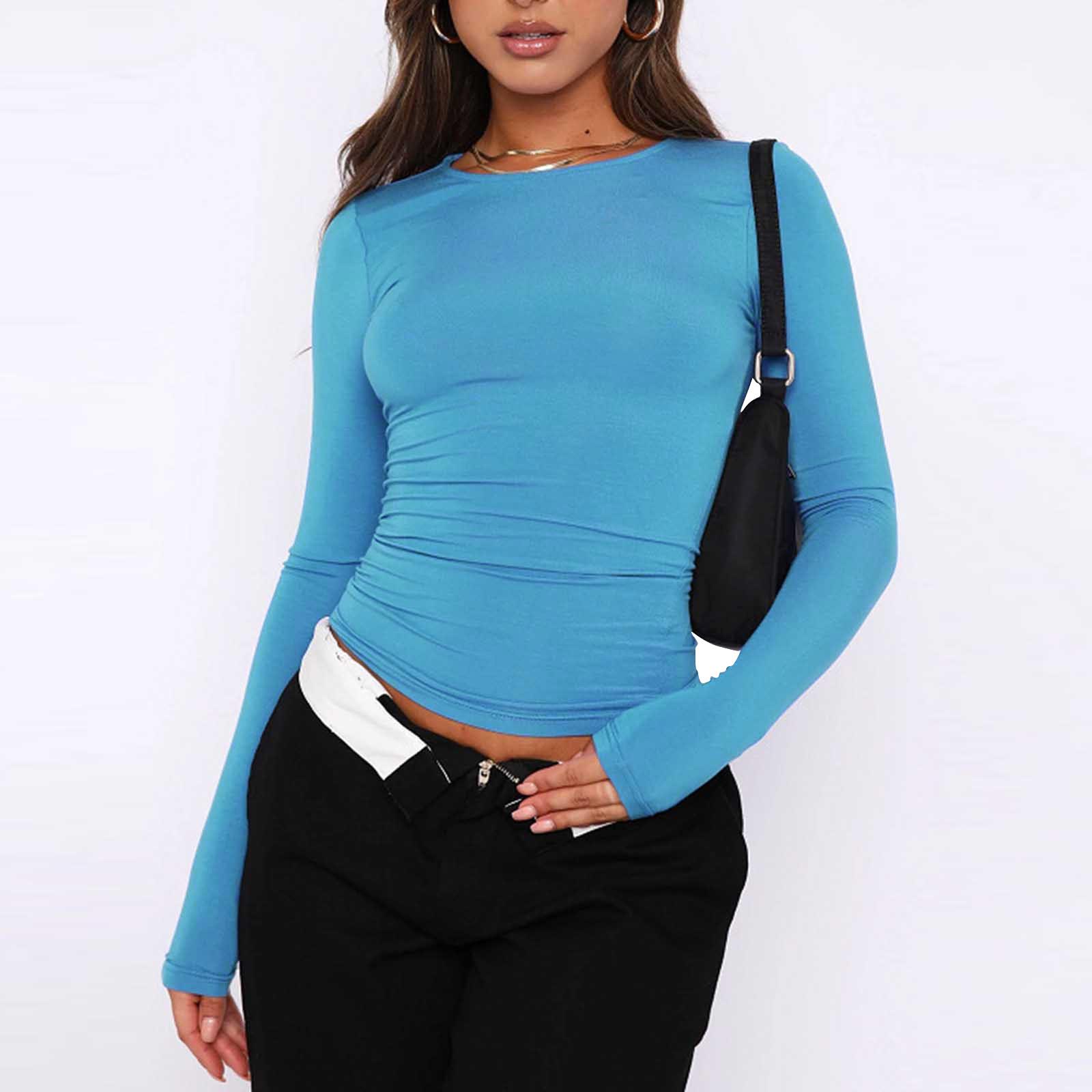 

Женская модная однотонная футболка с круглым вырезом и длинными рукавами, топ L синий