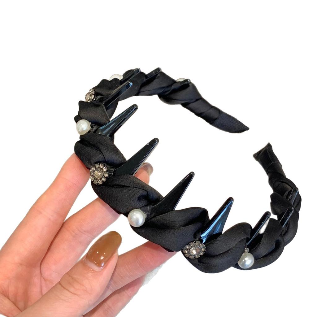 Women French Sparkling Pearl Wavy Headband, High Skull Top Toothed Hair Band, Non-slip External Wear Pressure-Reducing Hair Accessory
