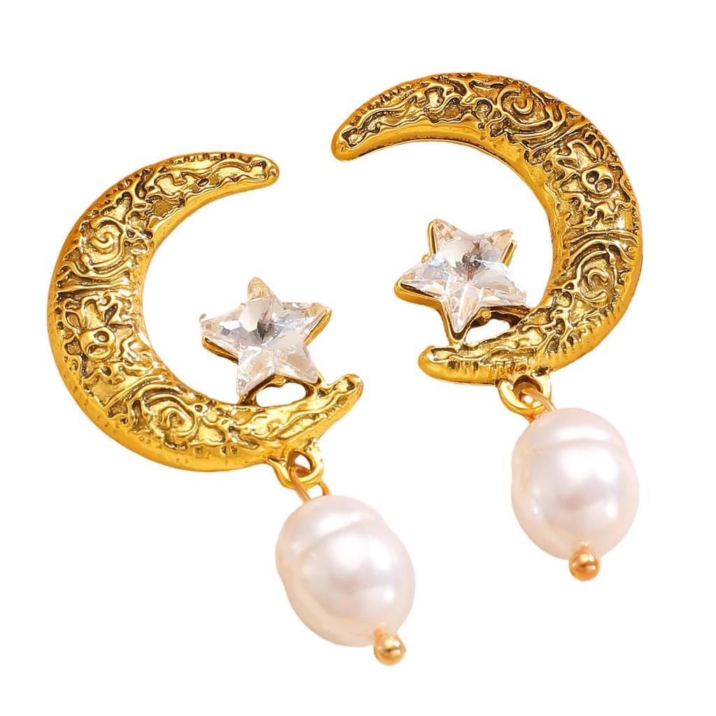 Retro Elegant Rhinestone Star Moon Pearl Earrings for Women
