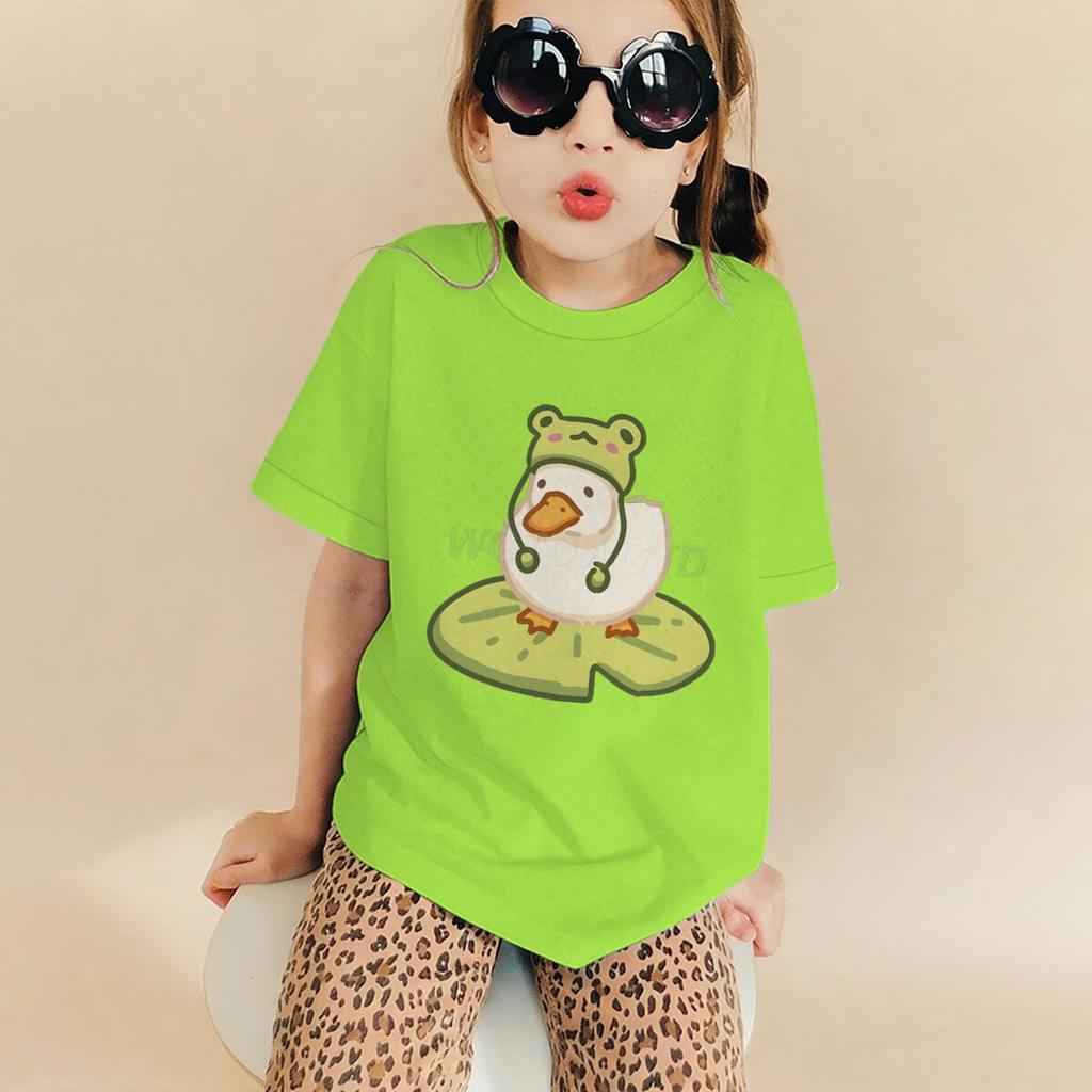 Duck In Frog Hat Cartoon Tshirts for Girl Boy Cute Duck Graphic Casual Tops Kawaii Animal Tee Cute Duck Design Toddler Wear