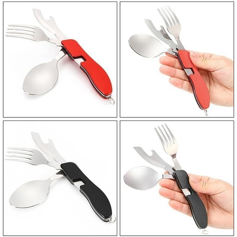 Multifunction 4 In 1 Outdoor Tableware Camping Stainless Steel Folding Pocket Kits