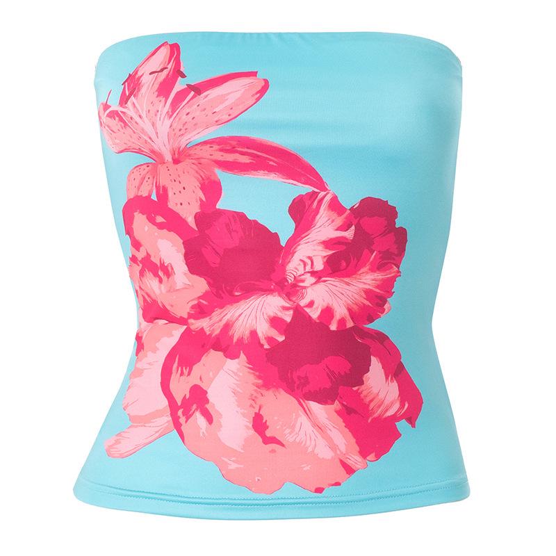 European & American Women's Floral Print Bandeau Top - Summer/Autumn, Sexy, Waist-Cinched, Cropped.