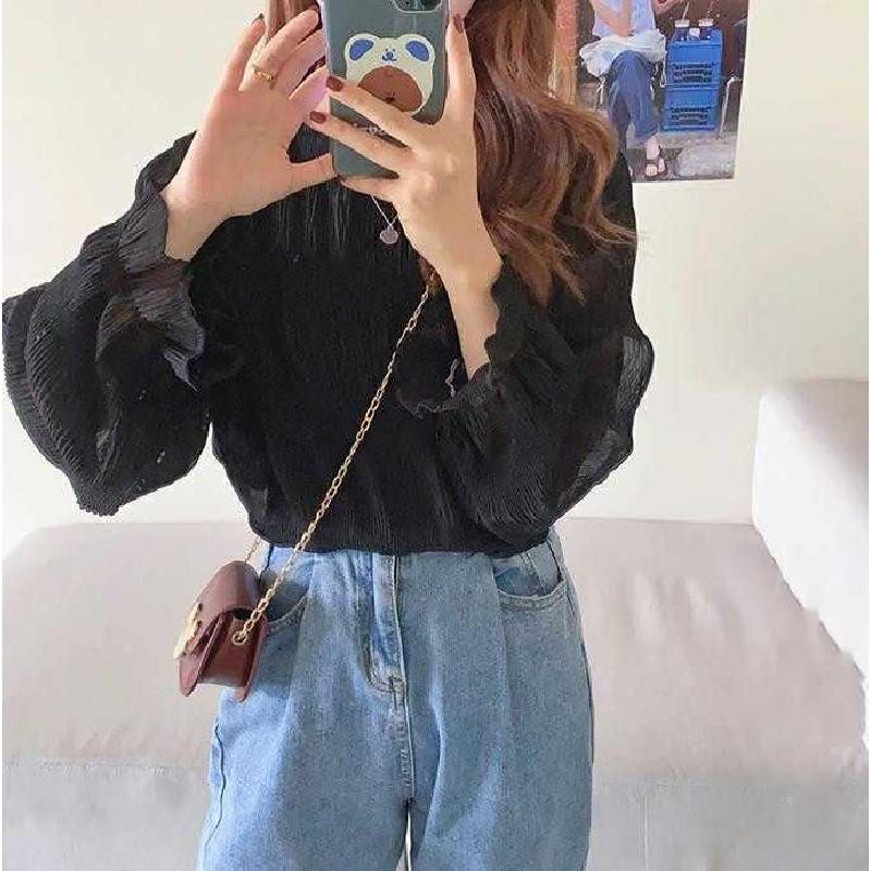 2026 Spring and Autumn New Pleated Chiffon Blouse, Loose and Versatile, Long Sleeve Women's Casual Round Neck Top
