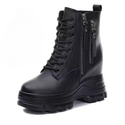 Mode 2025 Neu 9cm Herbst Winter Warme Stiefeletten Für Damen Echtes Rindsleder Einfarbig Höhenverstärkende Keile Plateau Kurze Stiefel