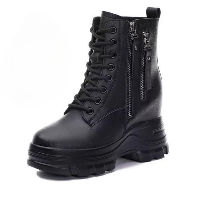 

Мода 2025 Новые 9 см Осенне-зимние теплые ботильоны для женщин Натуральная коровья кожа Однотонные Клинья на платформе с увеличением высоты Короткие ботинки 34 чёрный