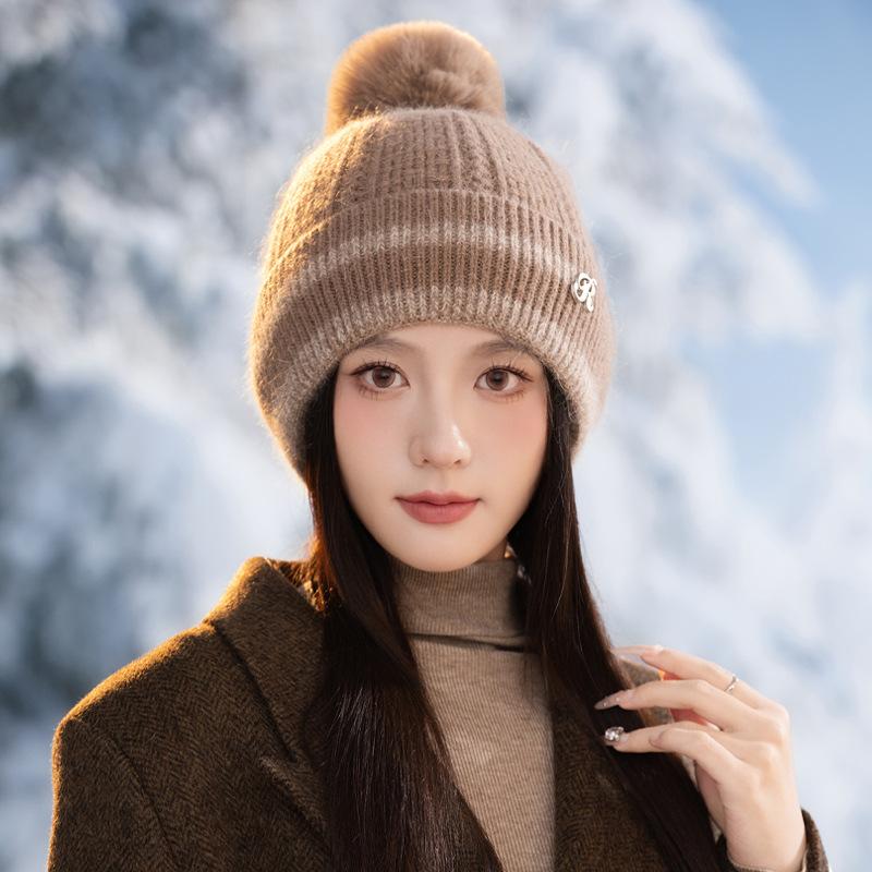 All Match Notes R Mark Plus Velvet Rabbit Fur Pullover Hat Autumn and Winter Outdoor Leisure Anti Cold Warm Hat Big Head Wool Hat