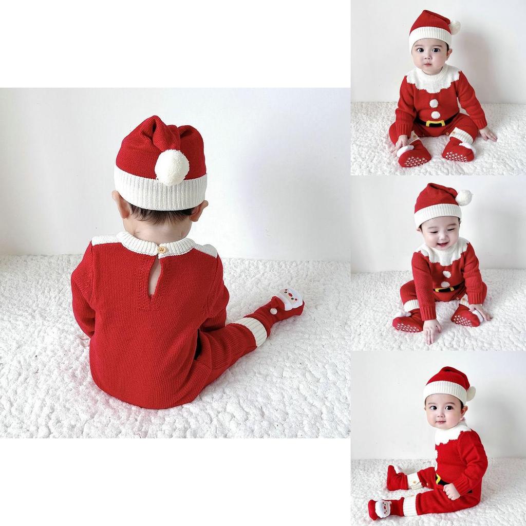Adorable Christmas Baby Knitted Romper Jumpsuit Outfit W/ Santa Claus Sweater Hat