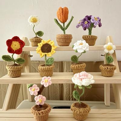 Handmade Woven Mini Potted Plants Diy Crochet Knitting Roses Flower Accessories Home Office Table Decoration Teacher's Day Gift