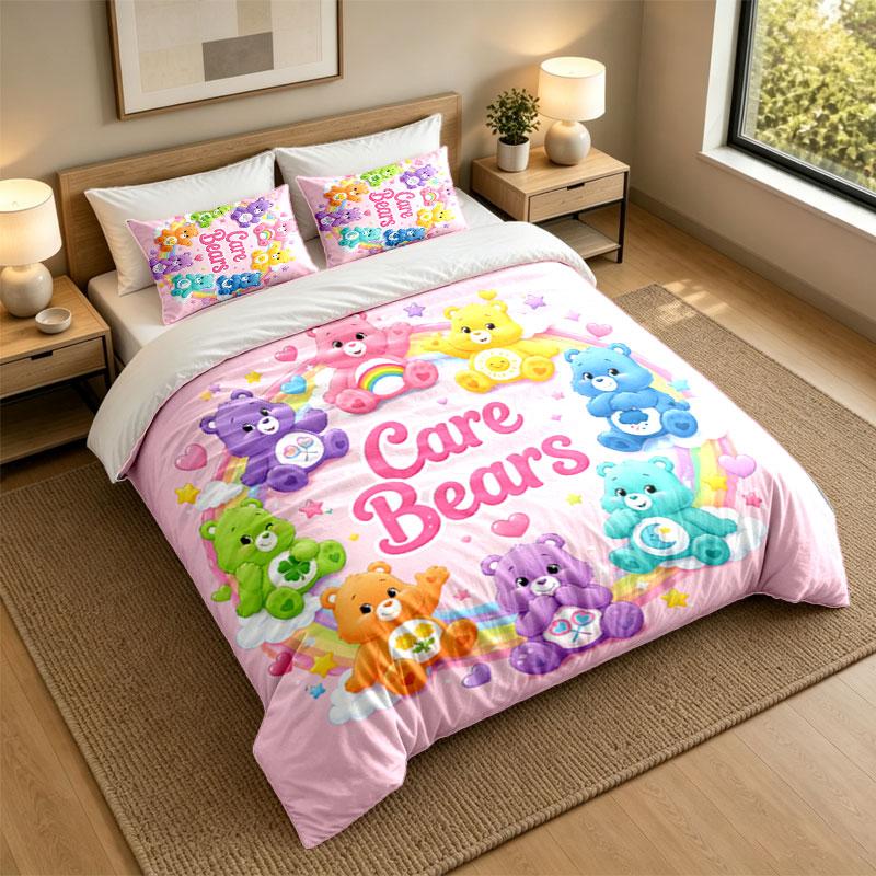3Pcs Bedding SetCare Bears Soft Bed Sheet and Two Pillowcases Home Bedroom Decor