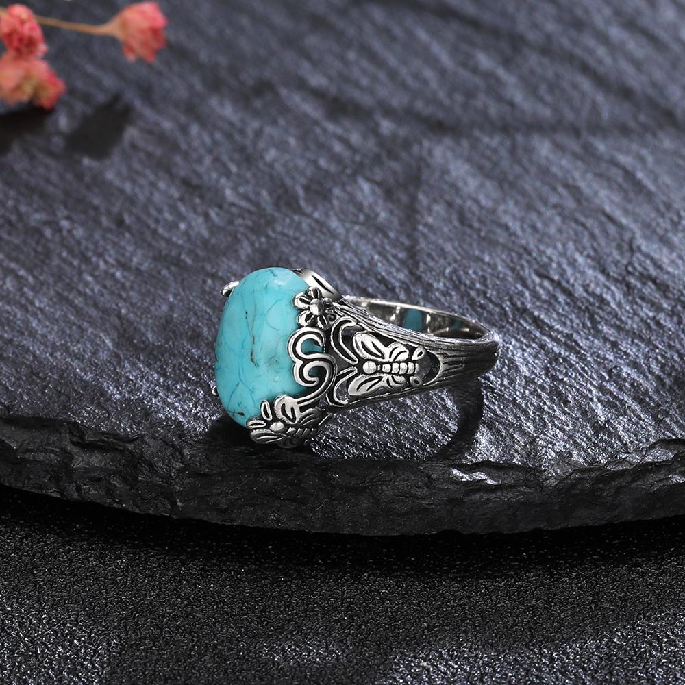 S925 Silver Oval Natural Turquoise Ring for Men and Women