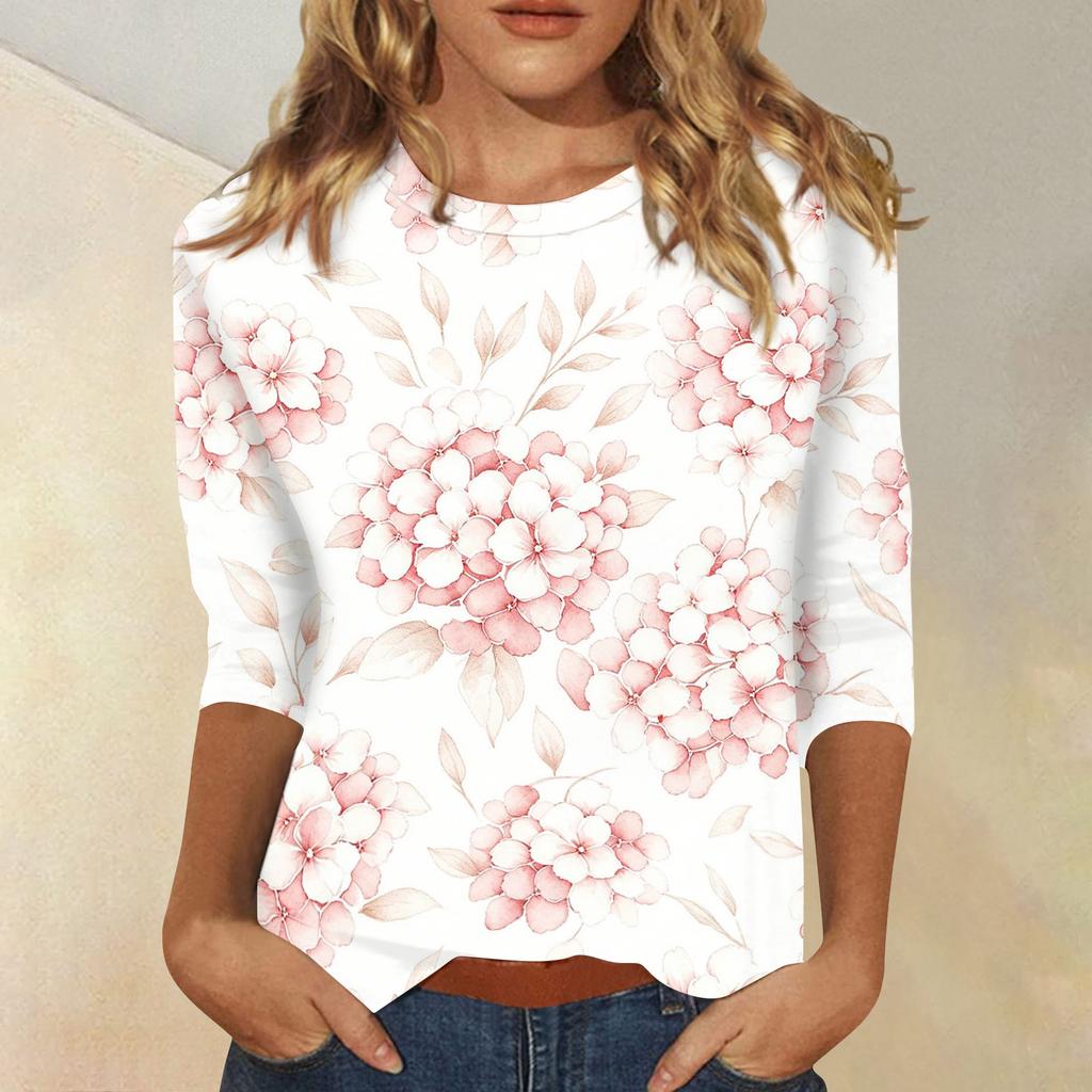 Women’s Casual Three Quarter Sleeve Floral Print Crew Neck Blouse Relaxed Fit Lightweight Top for Everyday Wear