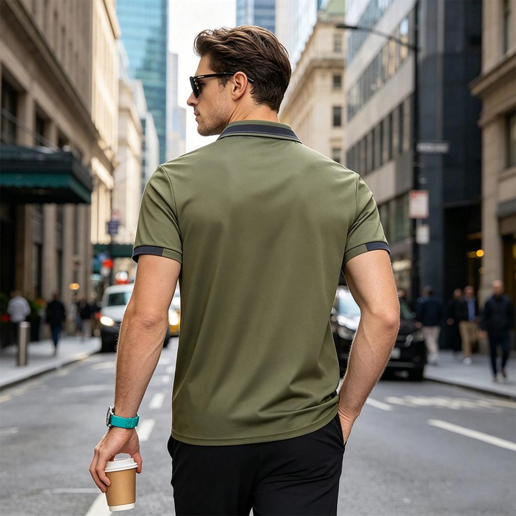 Men's Short Sleeve Polo Shirt Classic Fit Button Down Collar Pocket Design Casual Lightweight Breathable Top for Daily Wear