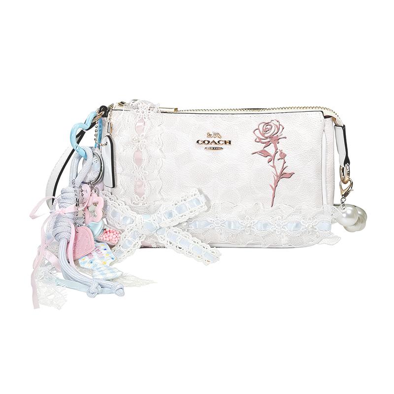 

COACH handbag [Customized bag] Nolita19 fog blue pink cherry metal brand logo zipper pink blue pendant bow ribbon pearl extension chain roses синій