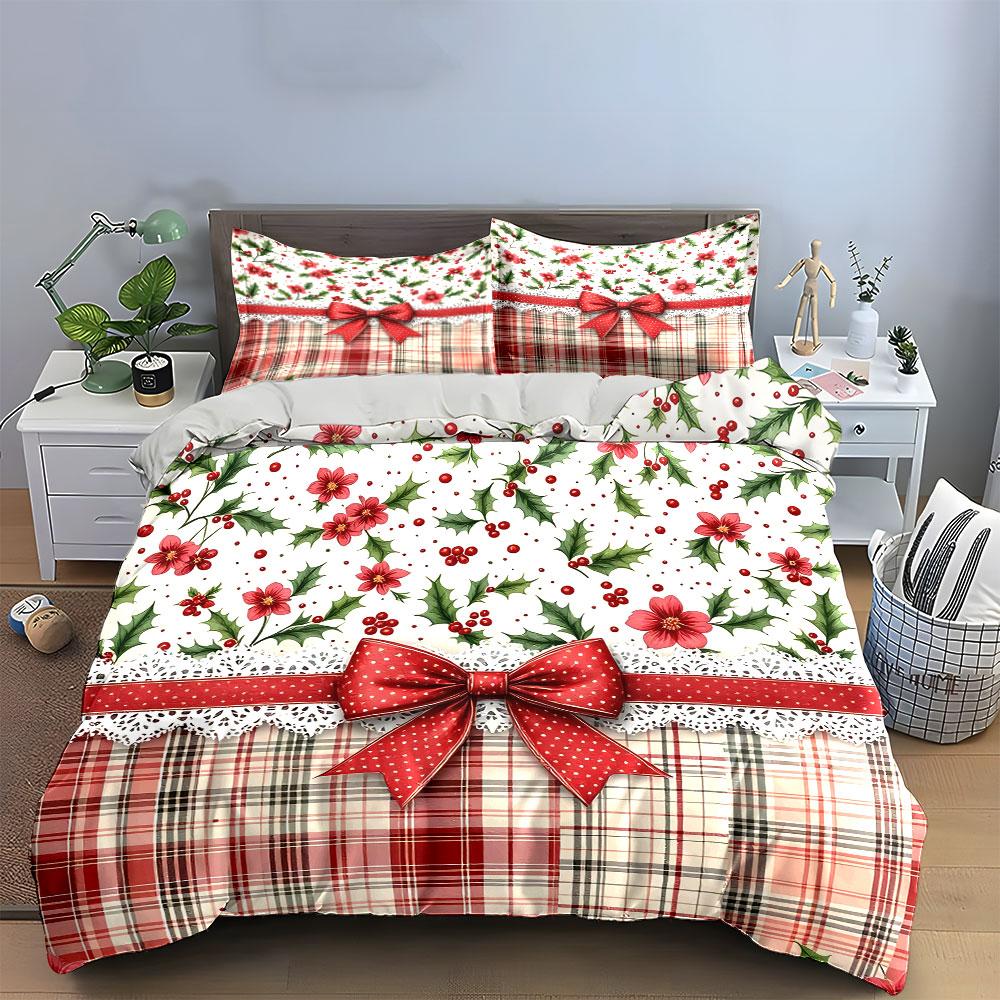 Christmas Plaid Floral Design Bedding Duvet Cover Set Duvet Cover Pillowcases (1*Duvet Cover 2*Pillowcases, without duvet insert)