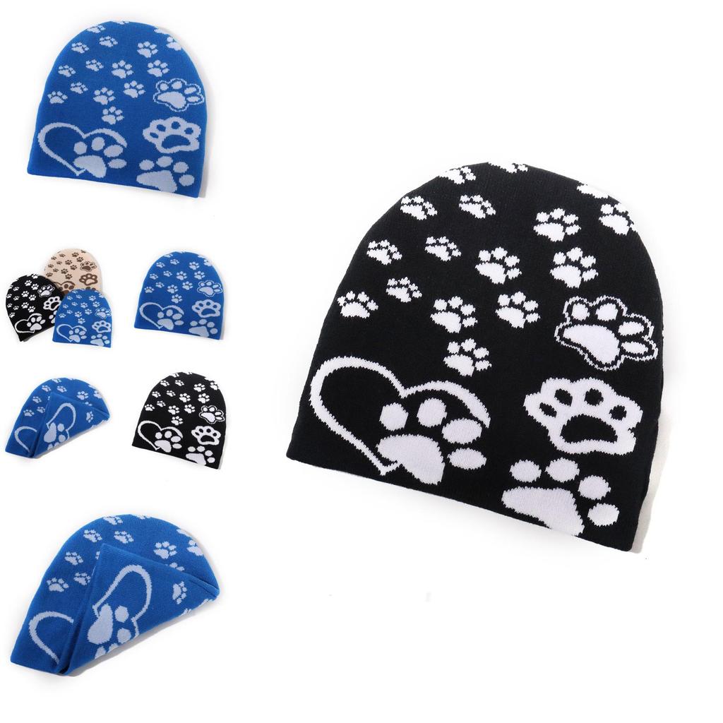 Acrylic Knitted Cap Featuring Paw Print Pattern For Autumn Winter Sports And Daily Use
