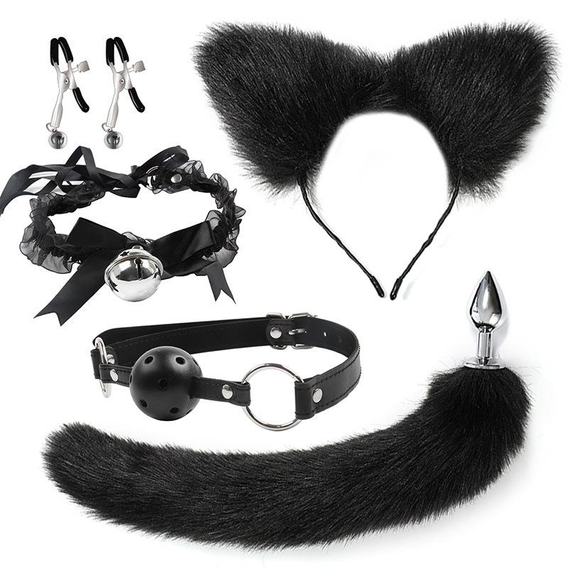 VaHppy SM Sex Toy Sets role-playing Fox 5pcs/lot Plush Anal Plug Tail Bell Collar Mouth Plugs White/Black/Pink Couple games