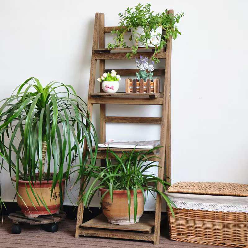 Foldable White Pine Wood Flower and Shoe Stand - Floor-Standing 4-Layer Multi-Use Rack