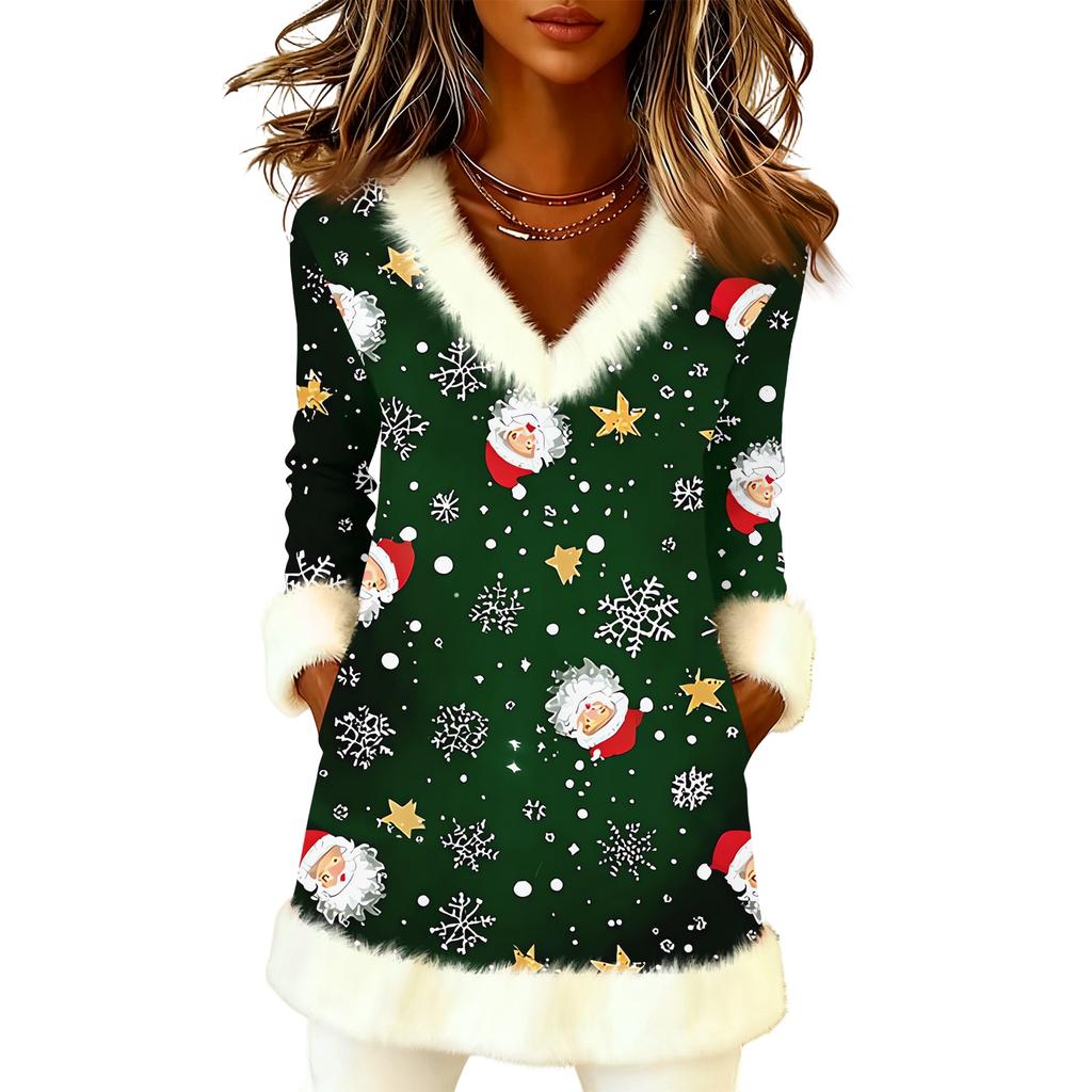 Women's Christmas Fashion Plush V-Neck Pullover Printed Long-Sleeved Top