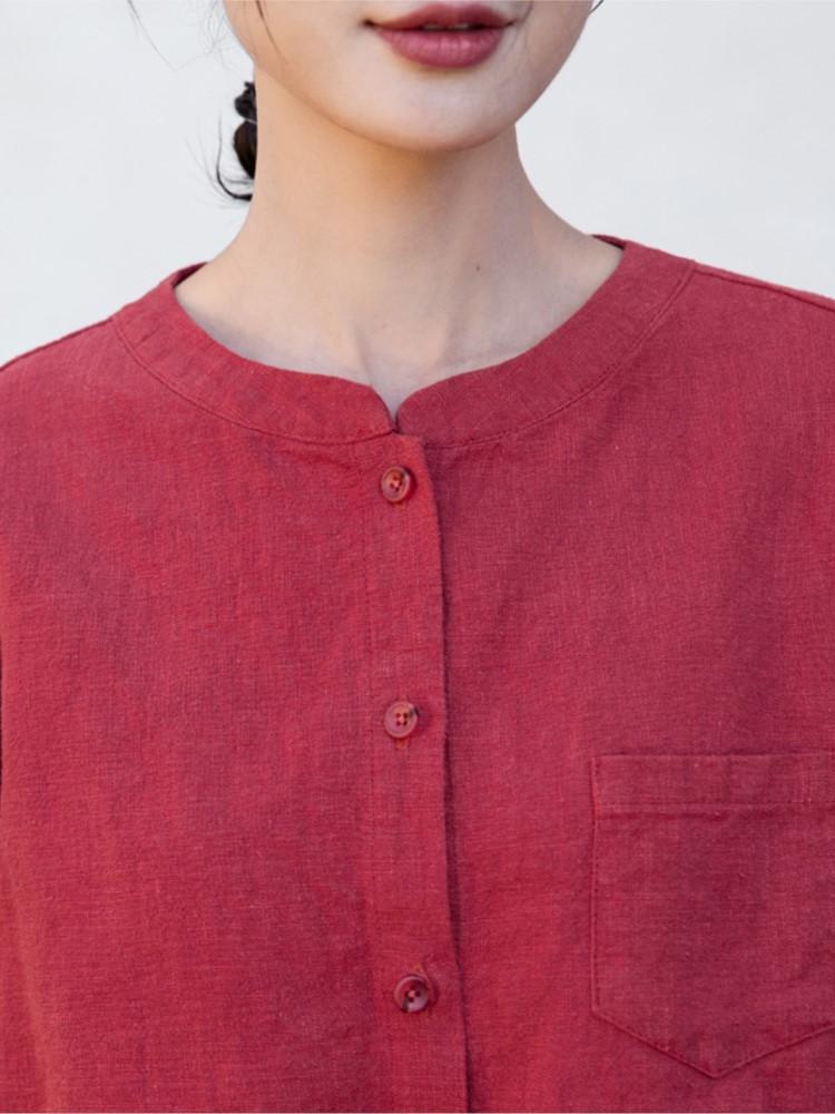 Johnature Women Vintage Ramie Shirts Tops Stand Long Sleeve Blouses Solid Color Spring Button Pockets Shirts