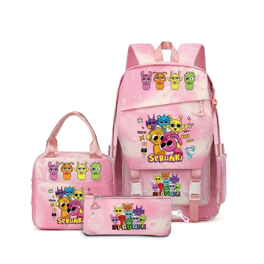 Rhythm box music game heat transfer backpack Sprunki pink schoolbag portable lunch bag stationery pencil case D
