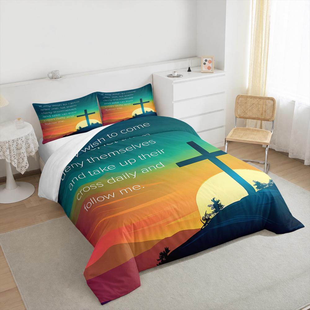 Sunset Cross Christian Bible Verse Bedding set (1 duvet cover, 2 pillowcases, duvet not included), Inspirational Faith Art Print