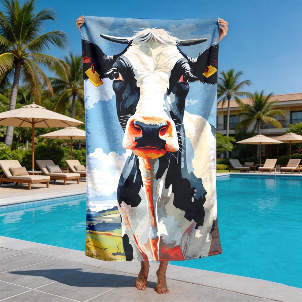 

Modern oil painting style of cow pattern polyester microfiber beach towel is highly absorbent, suitable swimming beach outings W40*H60(CM)