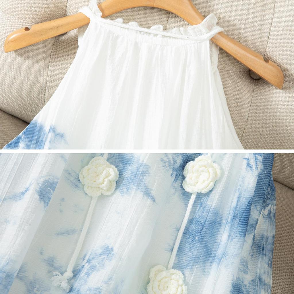 Yunnan Tie-dye Halter Neck V-neck 3D Flower Summer Dress with Wide Hem Skirt for Women