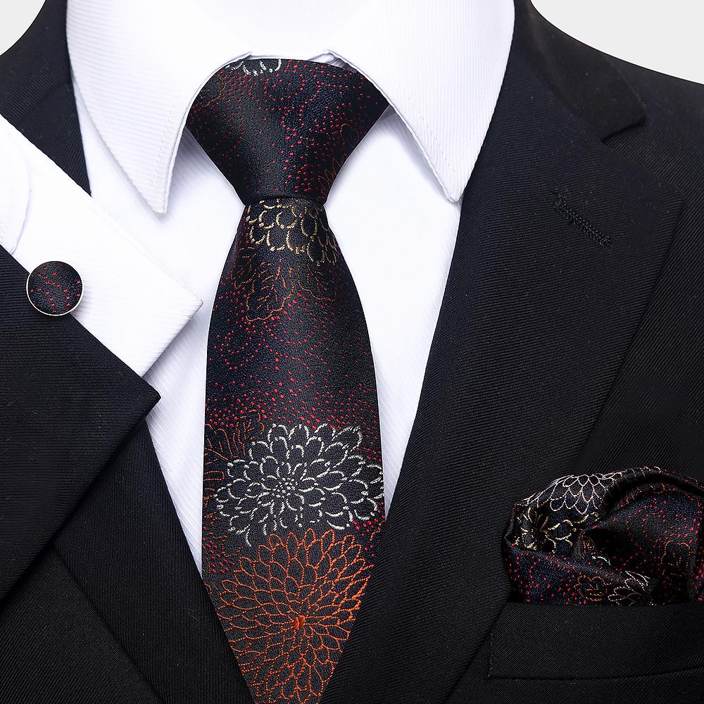 Korean Version Of Casual Floral Tie Men'S Jacquard Polyester Silk Pocket Towel Cufflink Tie Set